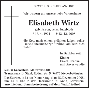 Traueranzeige von Elisabeth Wirtz von TRIERISCHER VOLKSFREUND