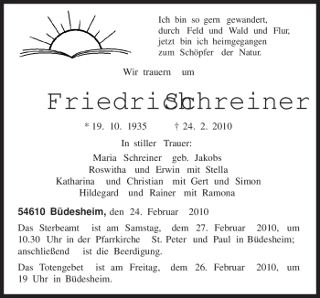 Traueranzeige von Friedrich Schreiner von TRIERISCHER VOLKSFREUND