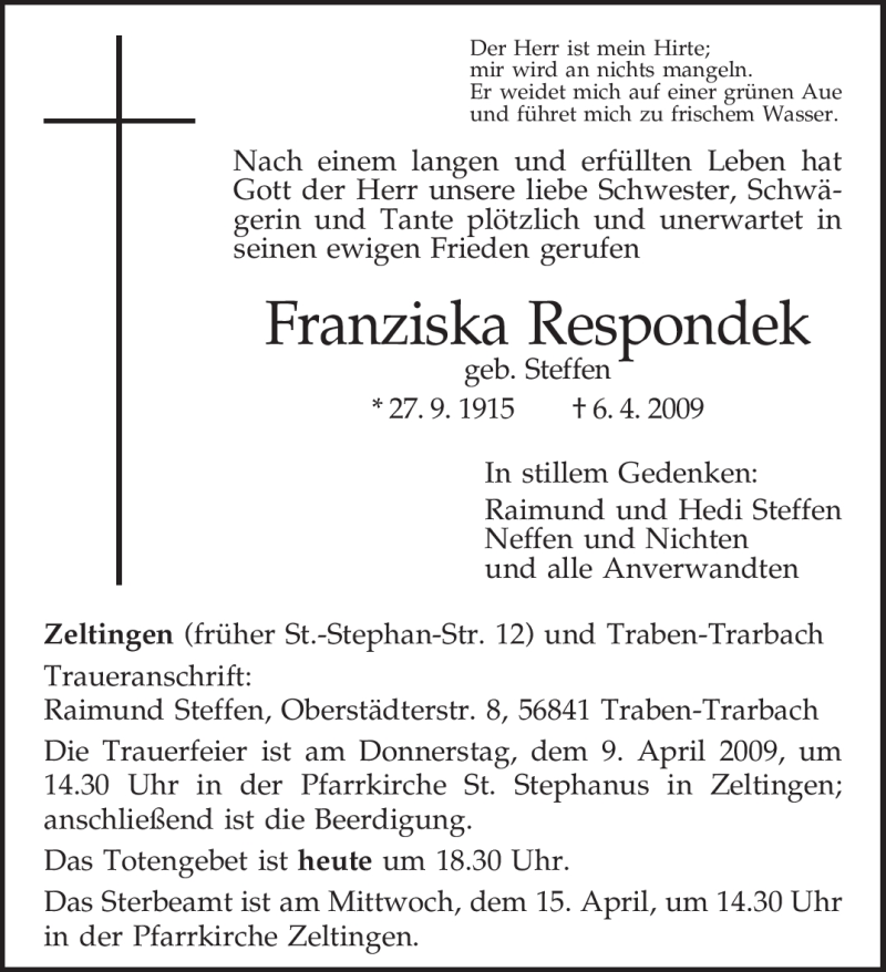  Traueranzeige für Franziska Respondek vom 08.04.2009 aus TRIERISCHER VOLKSFREUND