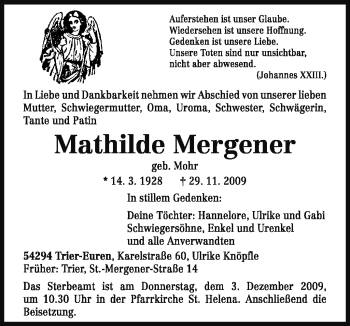 Traueranzeige von Mathilde Mergener von TRIERISCHER VOLKSFREUND