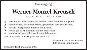 Traueranzeige von Werner Monzel-Kreusch von TRIERISCHER VOLKSFREUND