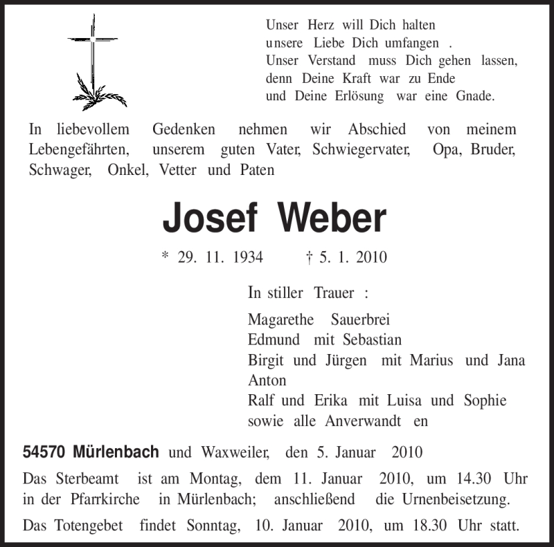  Traueranzeige für Josef Weber vom 07.01.2010 aus TRIERISCHER VOLKSFREUND
