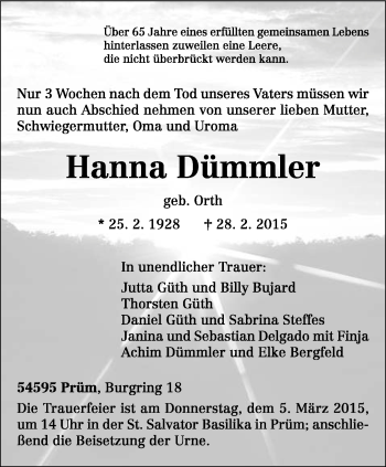 Traueranzeige von Hanna Dümmler von trierischer_volksfreund
