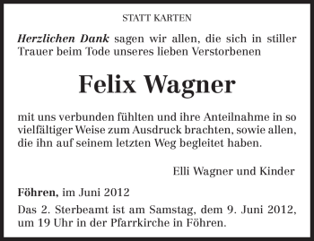 Traueranzeige von Felix Wagner von TRIERISCHER VOLKSFREUND