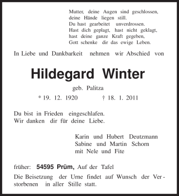 Traueranzeige von Hildegard Winter von TRIERISCHER VOLKSFREUND