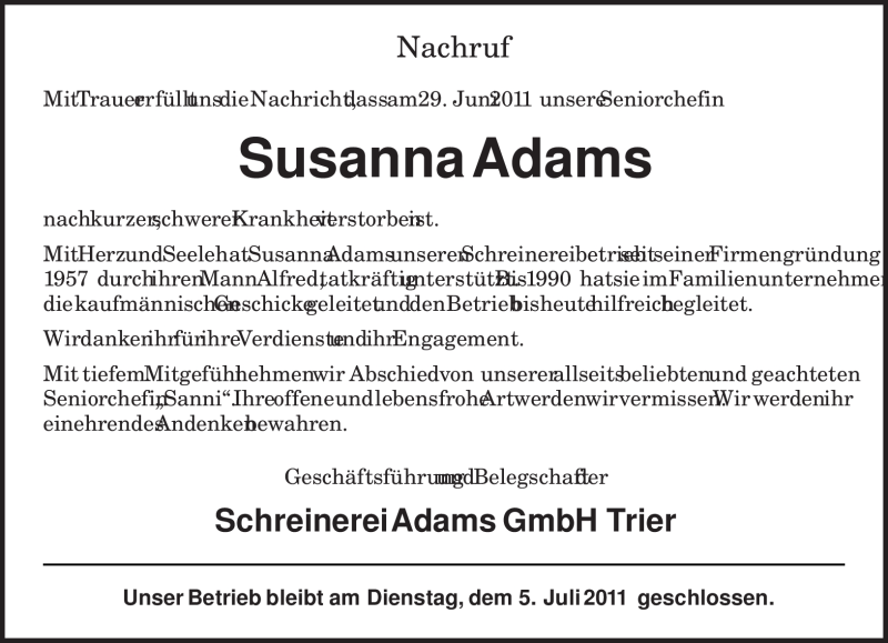  Traueranzeige für Susanna Adams vom 01.07.2011 aus TRIERISCHER VOLKSFREUND