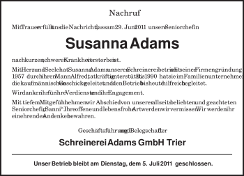 Traueranzeige von Susanna Adams von TRIERISCHER VOLKSFREUND