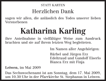 Traueranzeige von Katharina Karling von TRIERISCHER VOLKSFREUND
