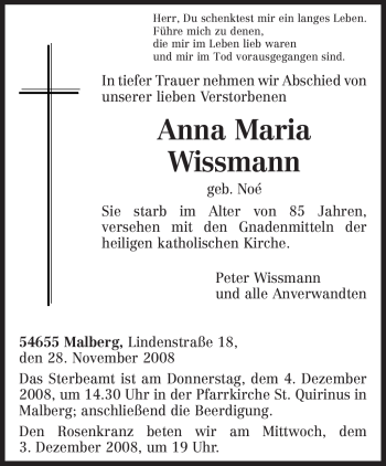 Traueranzeige von Anna Maria Wissmann von TRIERISCHER VOLKSFREUND