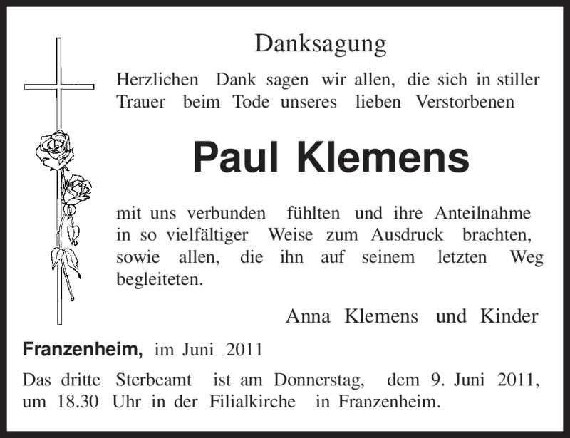  Traueranzeige für Paul Klemens vom 04.06.2011 aus TRIERISCHER VOLKSFREUND