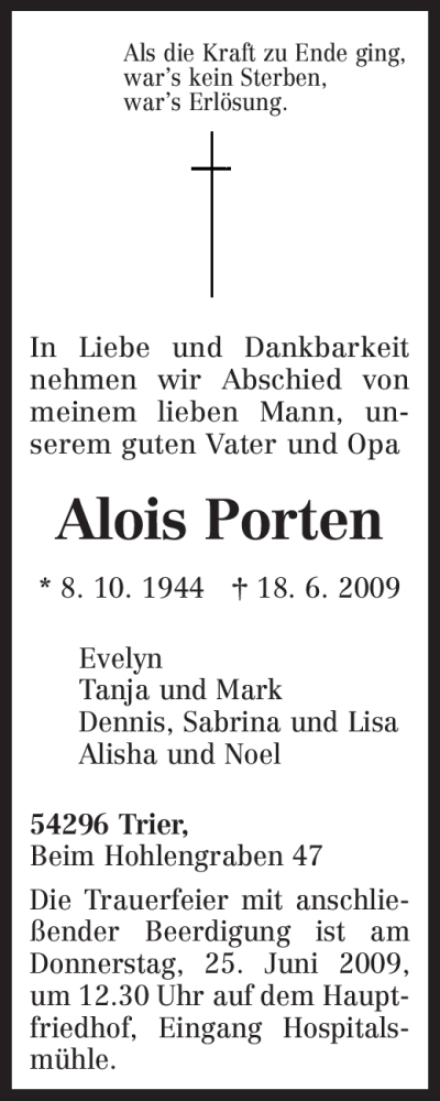  Traueranzeige für Alois Porten vom 22.06.2009 aus TRIERISCHER VOLKSFREUND