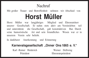 Traueranzeige von Horst Müller von TRIERISCHER VOLKSFREUND