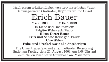 Traueranzeige von Erich Bauer von TRIERISCHER VOLKSFREUND