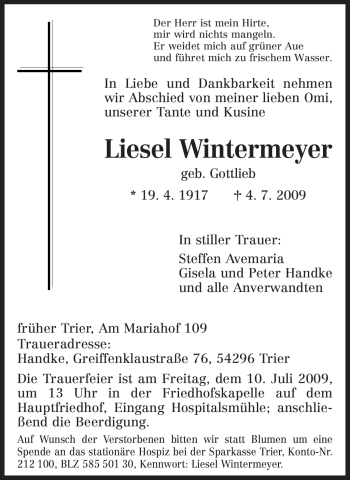 Traueranzeige von Liesel Wintermeyer von TRIERISCHER VOLKSFREUND