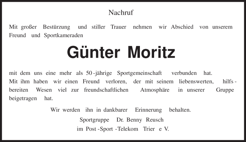  Traueranzeige für Günter Moritz vom 26.01.2011 aus TRIERISCHER VOLKSFREUND