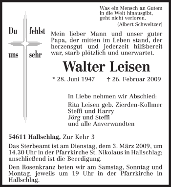 Traueranzeige von Walter Leisen von TRIERISCHER VOLKSFREUND