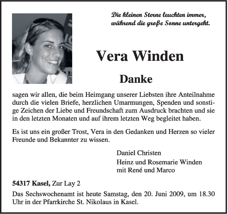  Traueranzeige für Vera Winden vom 20.06.2009 aus TRIERISCHER VOLKSFREUND
