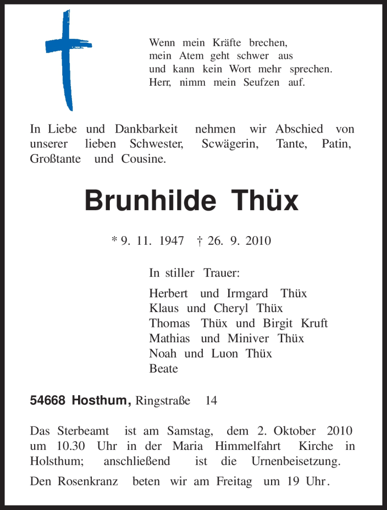  Traueranzeige für Brunhilde Thüx vom 29.09.2010 aus TRIERISCHER VOLKSFREUND
