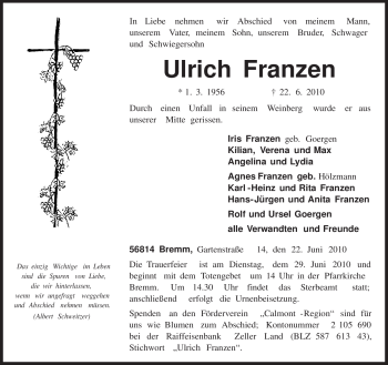 Traueranzeige von Ulrich Franzen von TRIERISCHER VOLKSFREUND