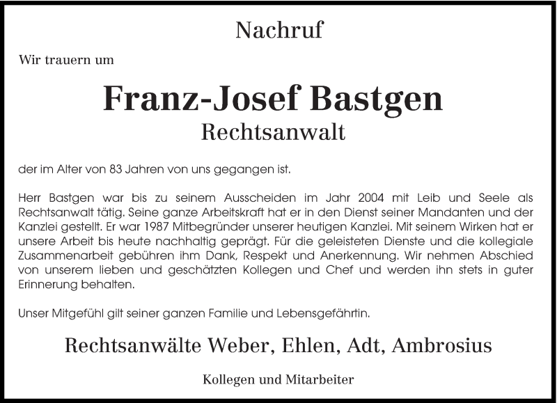  Traueranzeige für Franz-Josef Bastgen vom 09.04.2015 aus trierischer_volksfreund