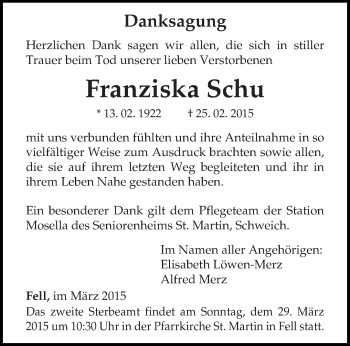 Traueranzeige von Franziska Schu von trierischer_volksfreund