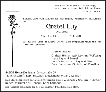 Traueranzeige von Gretel Luy von TRIERISCHER VOLKSFREUND