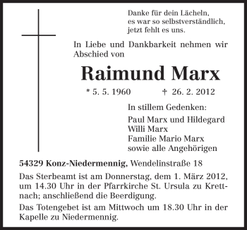 Traueranzeige von Raimund Marx von TRIERISCHER VOLKSFREUND