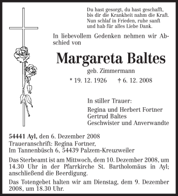 Traueranzeige von Margareta Baltes von TRIERISCHER VOLKSFREUND