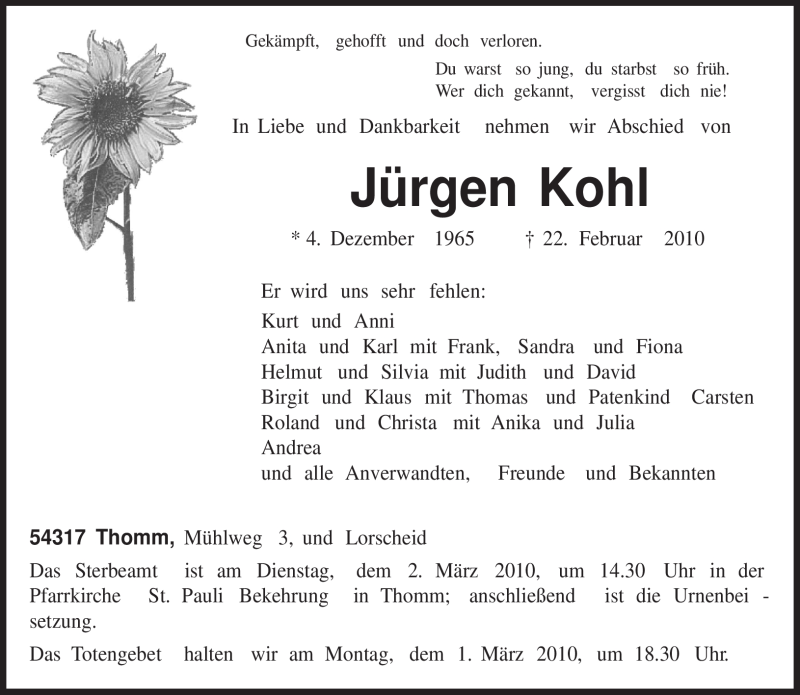  Traueranzeige für Jürgen Kohl vom 26.02.2010 aus TRIERISCHER VOLKSFREUND