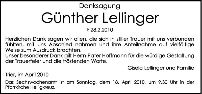  Traueranzeige für Günther Lellinger vom 14.04.2010 aus TRIERISCHER VOLKSFREUND