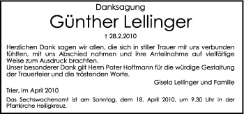 Traueranzeige von Günther Lellinger von TRIERISCHER VOLKSFREUND