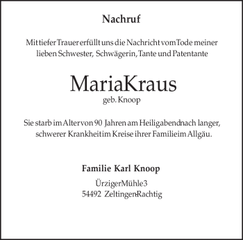 Traueranzeige von Maria Kraus von TRIERISCHER VOLKSFREUND
