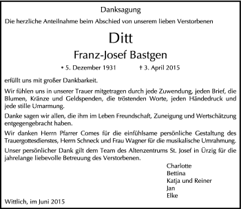 Traueranzeige von Franz-Josef Bastgen von trierischer_volksfreund