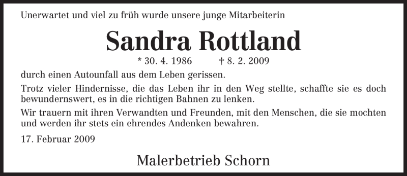  Traueranzeige für Sandra Rottland vom 17.02.2009 aus TRIERISCHER VOLKSFREUND