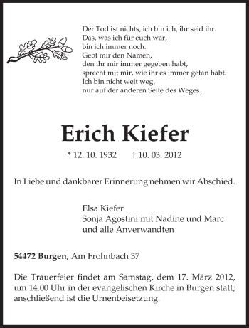 Traueranzeige von Erich Kiefer von TRIERISCHER VOLKSFREUND