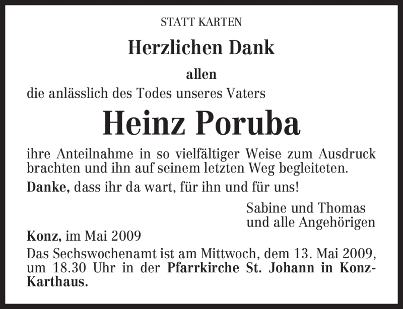  Traueranzeige für Heinz Poruba vom 09.05.2009 aus TRIERISCHER VOLKSFREUND