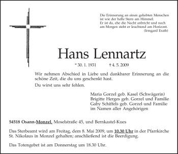 Traueranzeige von Hans Lennartz von TRIERISCHER VOLKSFREUND
