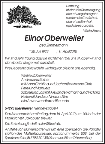 Traueranzeige von Elinor Oberweiler von TRIERISCHER VOLKSFREUND