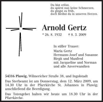 Traueranzeige von Arnold Gertz von TRIERISCHER VOLKSFREUND