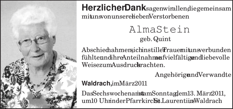  Traueranzeige für Alma Stein vom 09.03.2011 aus TRIERISCHER VOLKSFREUND