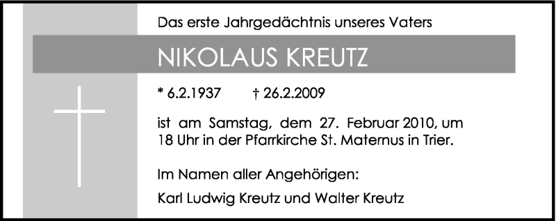  Traueranzeige für Nikolaus Kreutz vom 24.02.2010 aus TRIERISCHER VOLKSFREUND