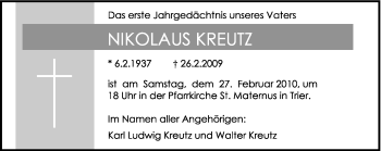 Traueranzeige von Nikolaus Kreutz von TRIERISCHER VOLKSFREUND