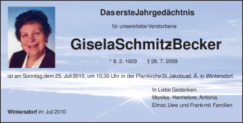 Traueranzeige von Gisela Schmitz Becker von TRIERISCHER VOLKSFREUND