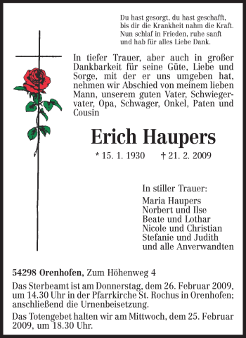 Traueranzeige von Erich Haupers von TRIERISCHER VOLKSFREUND