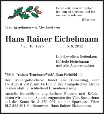 Traueranzeige von Hans Rainer Eichelmann von TRIERISCHER VOLKSFREUND