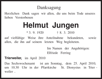 Traueranzeige von Helmut Jungen von TRIERISCHER VOLKSFREUND