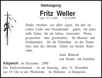 Traueranzeige von Fritz Weller von TRIERISCHER VOLKSFREUND