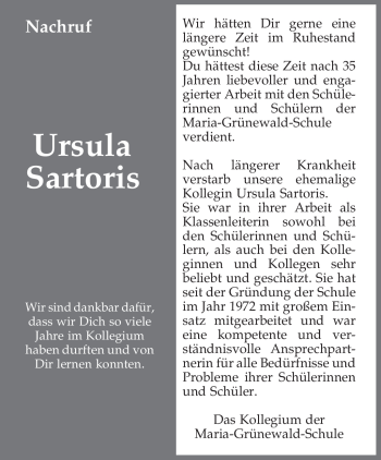 Traueranzeige von Ursula Sartoris von TRIERISCHER VOLKSFREUND