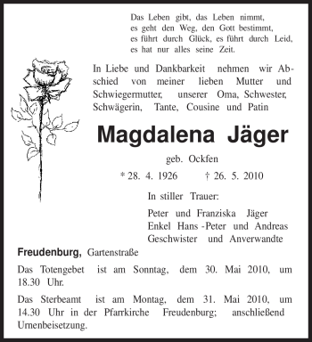 Traueranzeige von Magdalena Jäger von TRIERISCHER VOLKSFREUND