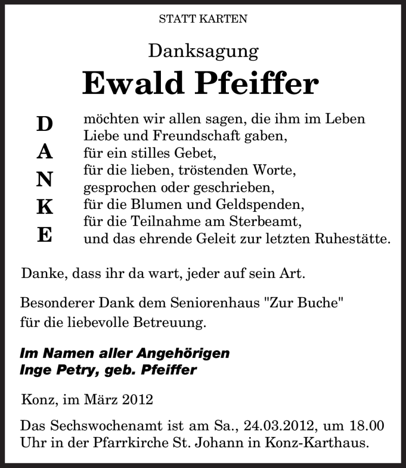  Traueranzeige für Ewald Pfeiffer vom 17.03.2012 aus TRIERISCHER VOLKSFREUND